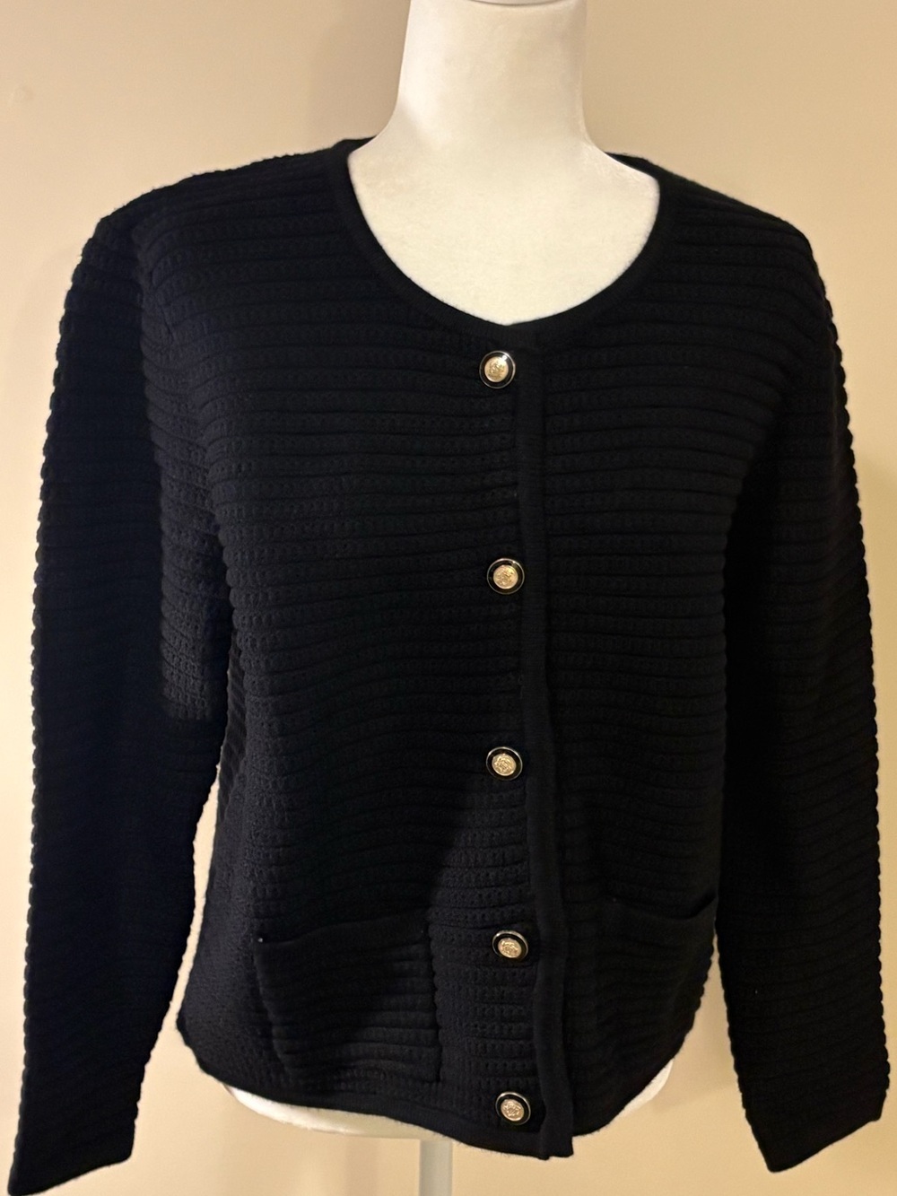 Hilary Radley Black Ribbed Button-Front Cardigan Jacket- Size Large